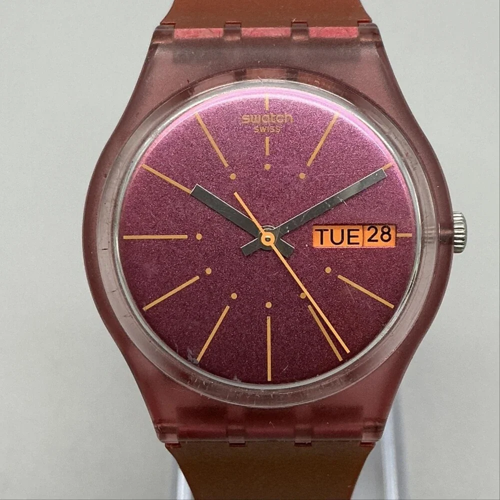 Swatch Sneaky Peaky Womens Watch 34mm Purple Dial Day Date Swiss New Battery